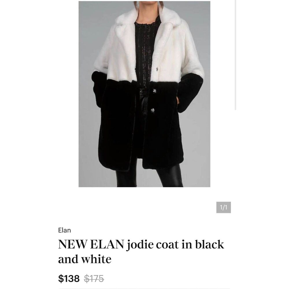 Elan Jodie Faux Fur Coat Black Ivory Colorblock Size Large Plush Snap Front